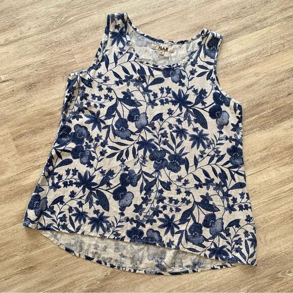 FLAX 100% Linen Navy Blue Floral Tunic Tank - Picture 1 of 5